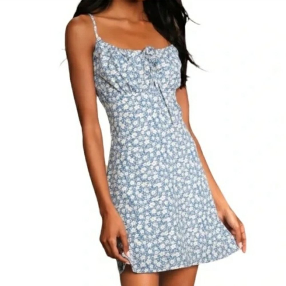 NWOT Reformation Abbott Dress in Remi Mini Blue White Floral Straps